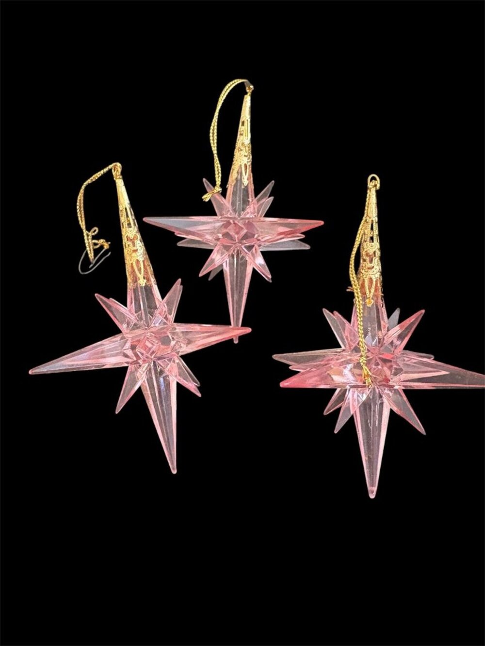 Vtg Christmas Ornaments Lucite Pink Raz Atomic Stars Set Of Three